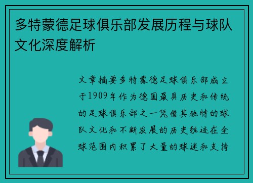 多特蒙德足球俱乐部发展历程与球队文化深度解析